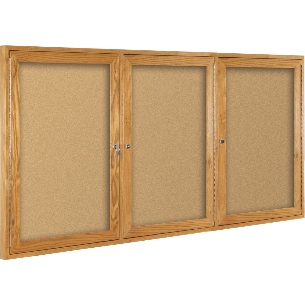 WOLF72482 - Wood Trim Bulletin Board Cabinet, Oak Finish, 3 Door